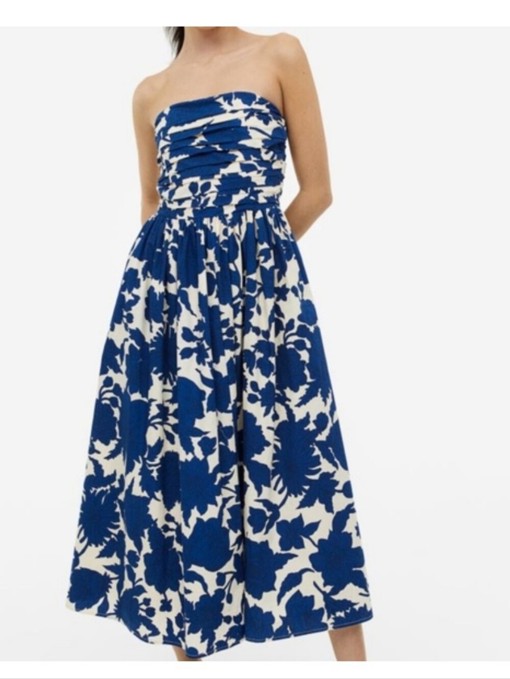 Strapless Blue and Cream Floral Midi Dress-NWT